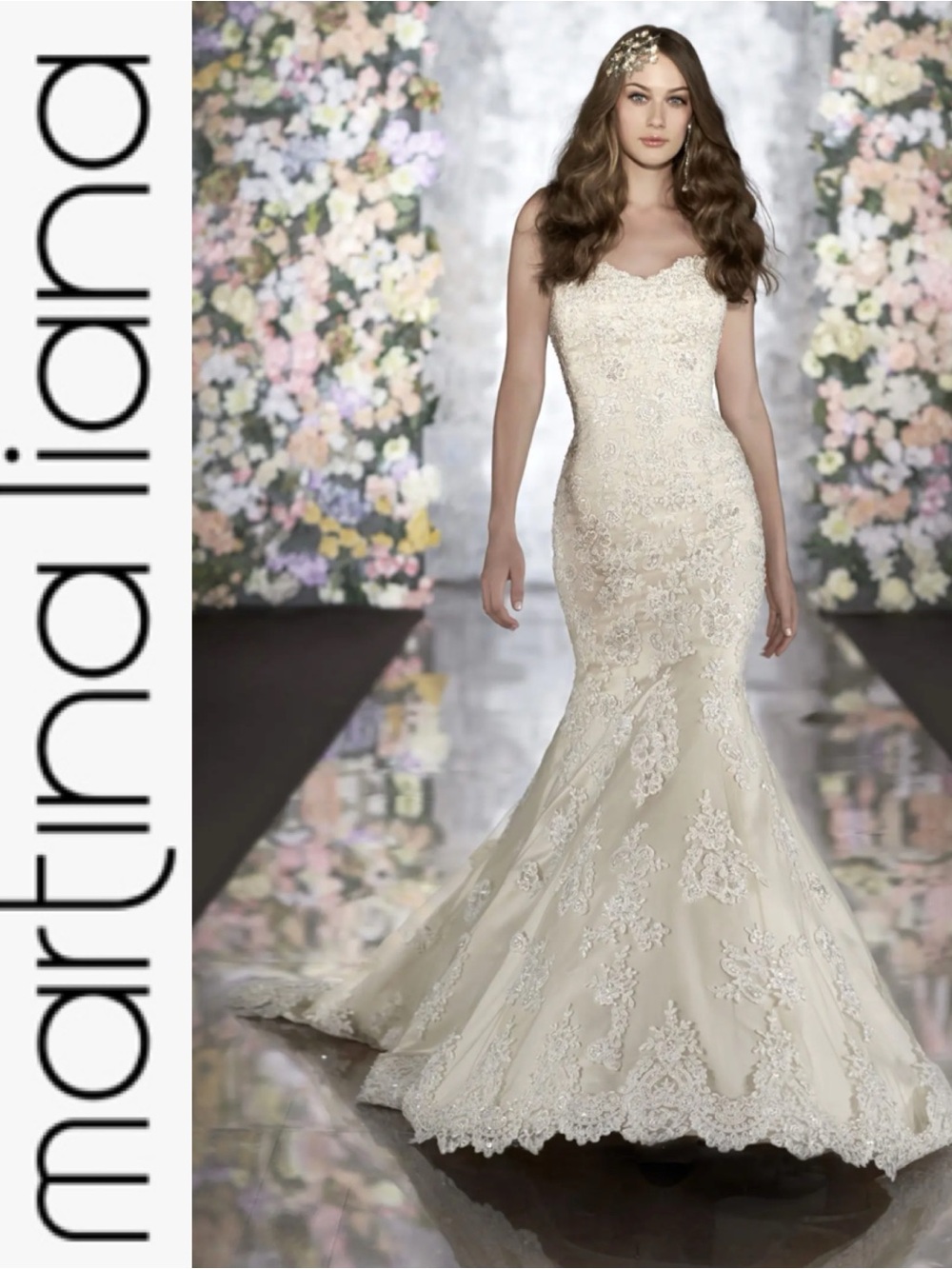 MARTINA LIANA 500 VINTAGE IVORY LACE TRUMPET MERMAID WEDDING GOWN SIZE 14 NWT